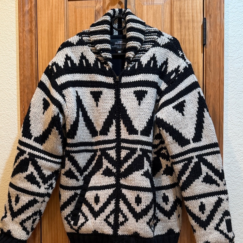 Lost Horizons Black and Cream Zip Up Sweater. S/M. Purchased at Sundance